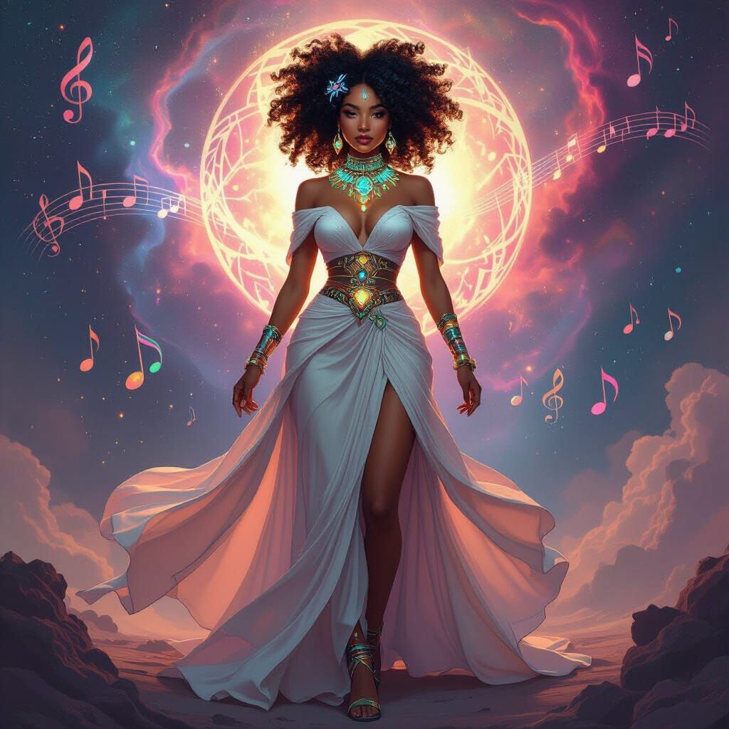 Afro-Latina Woman with Nebula Backdrop in Art Nouveau Style