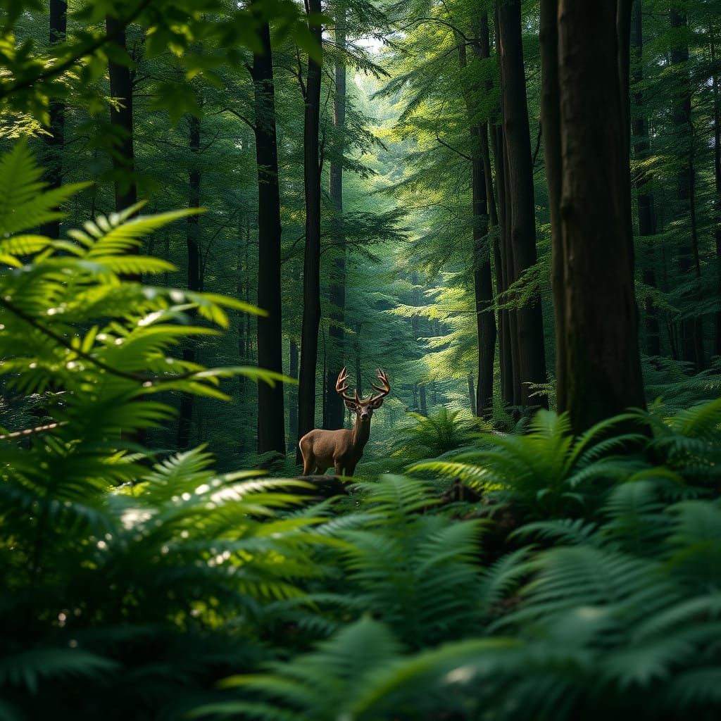 A Dense, Photorealistic Forest Scene with Dappled Light and...