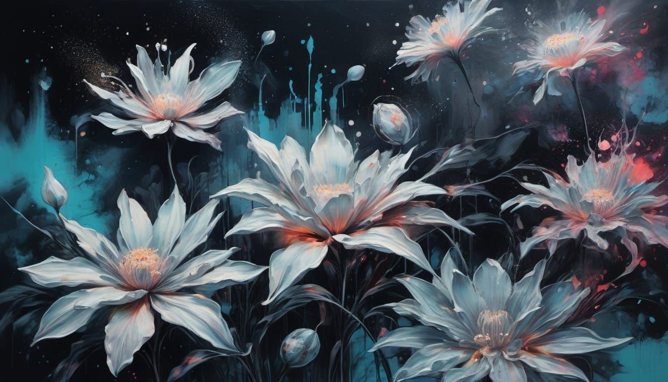 Surreal Cyberpunk Floral Painting with Light Dust