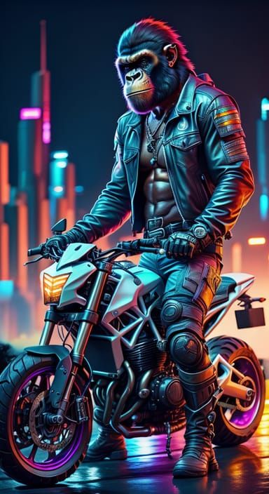 Colorful-Landscape-cybercore-mechanic-APE-on a-motorcycle-on-a-summer-night