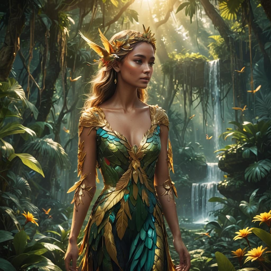 Golden Paradise Bird Flying in Jungle, Art Nouveau