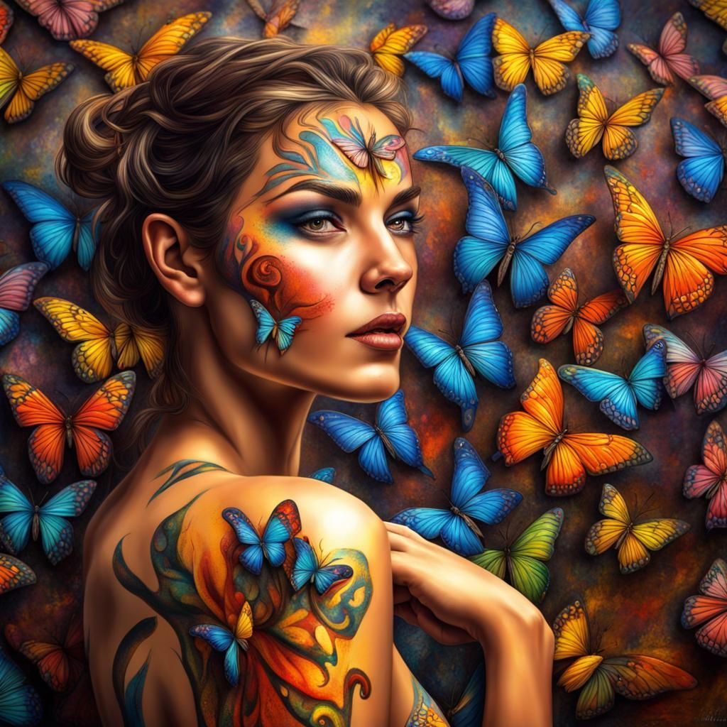 Butterfly Body Art: Hyperrealistic Woman in Vivid Detail