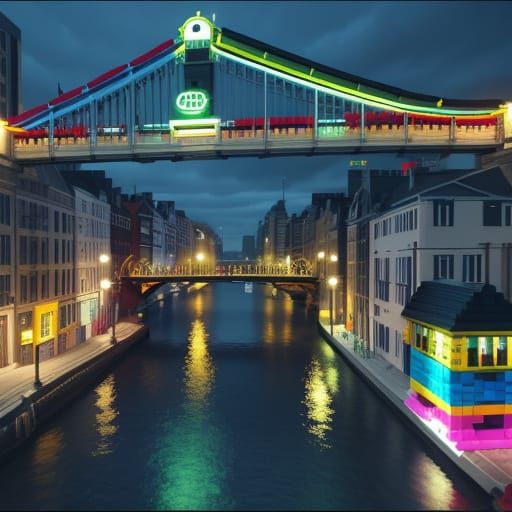 City with a toll bridge made of colourful lego building bloc...