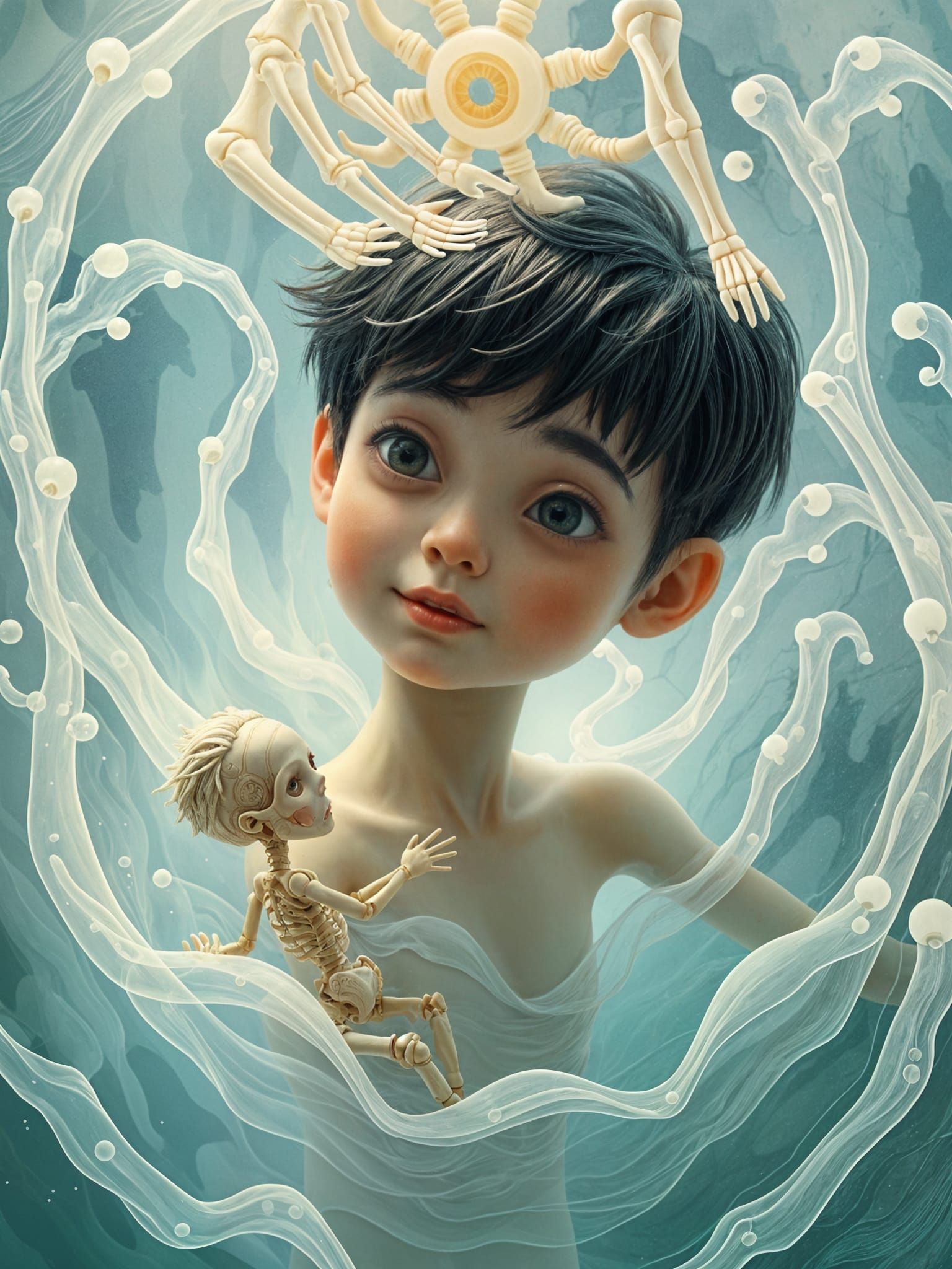 Boy and Inner Child: Surreal Ink Painting