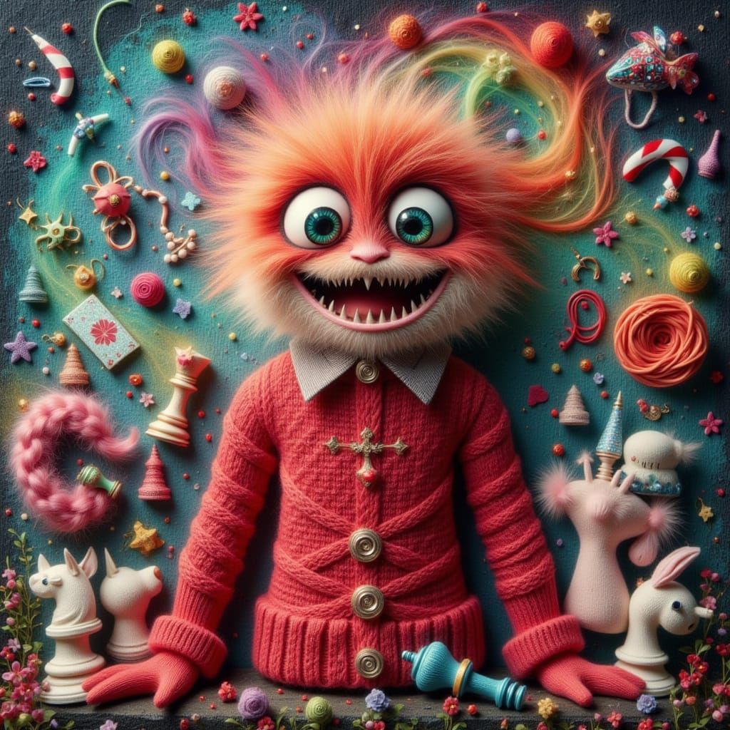 Yarn monster knitting a sweater, pop surrealism <lora:FiosChessRealms2:1.0>