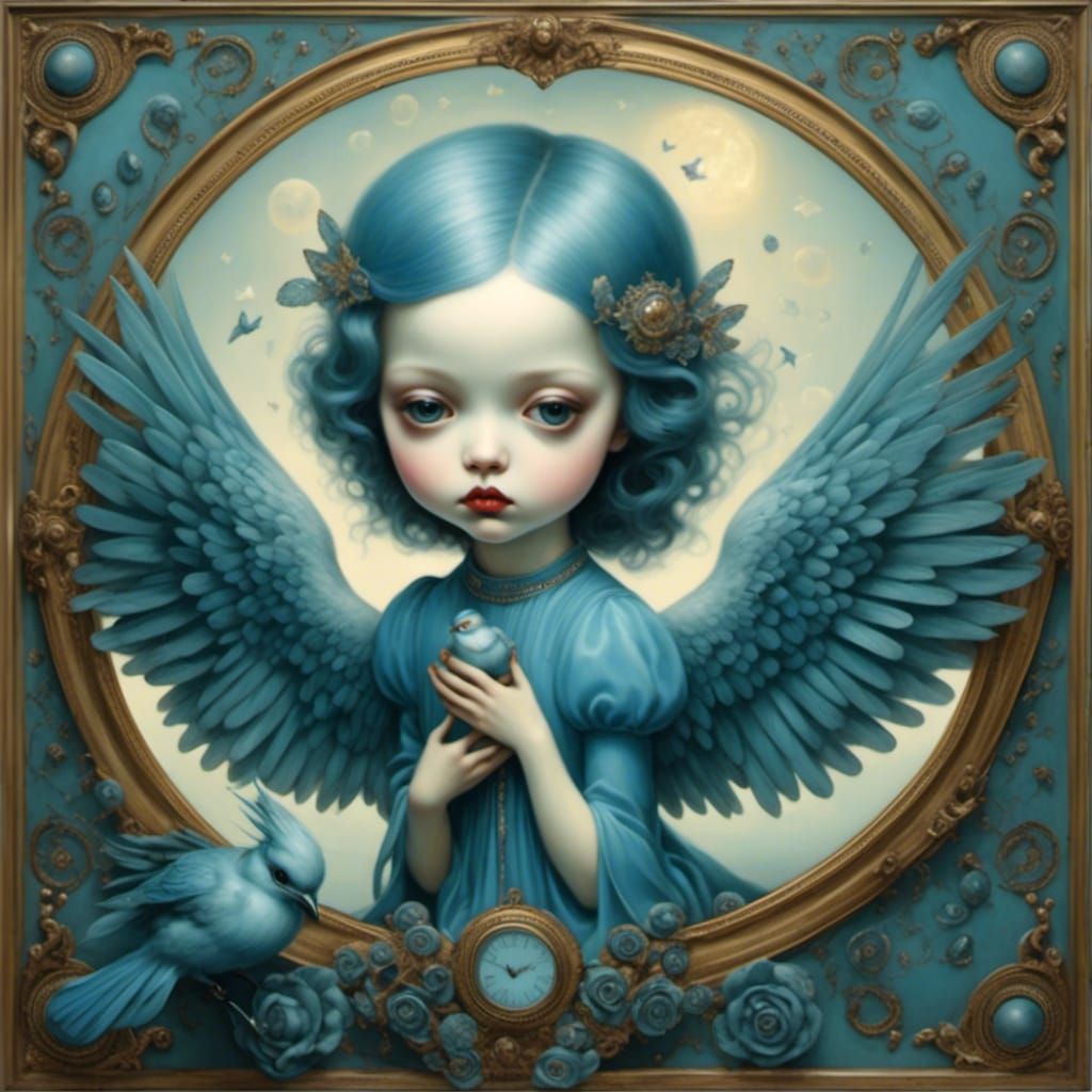 Celestial Blue Bird Angel in Mark Ryden Style