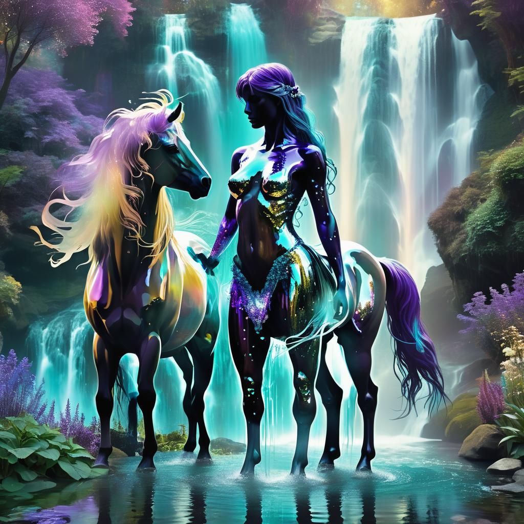 Beautiful Centaur in Waterfall Garden: Digital Art