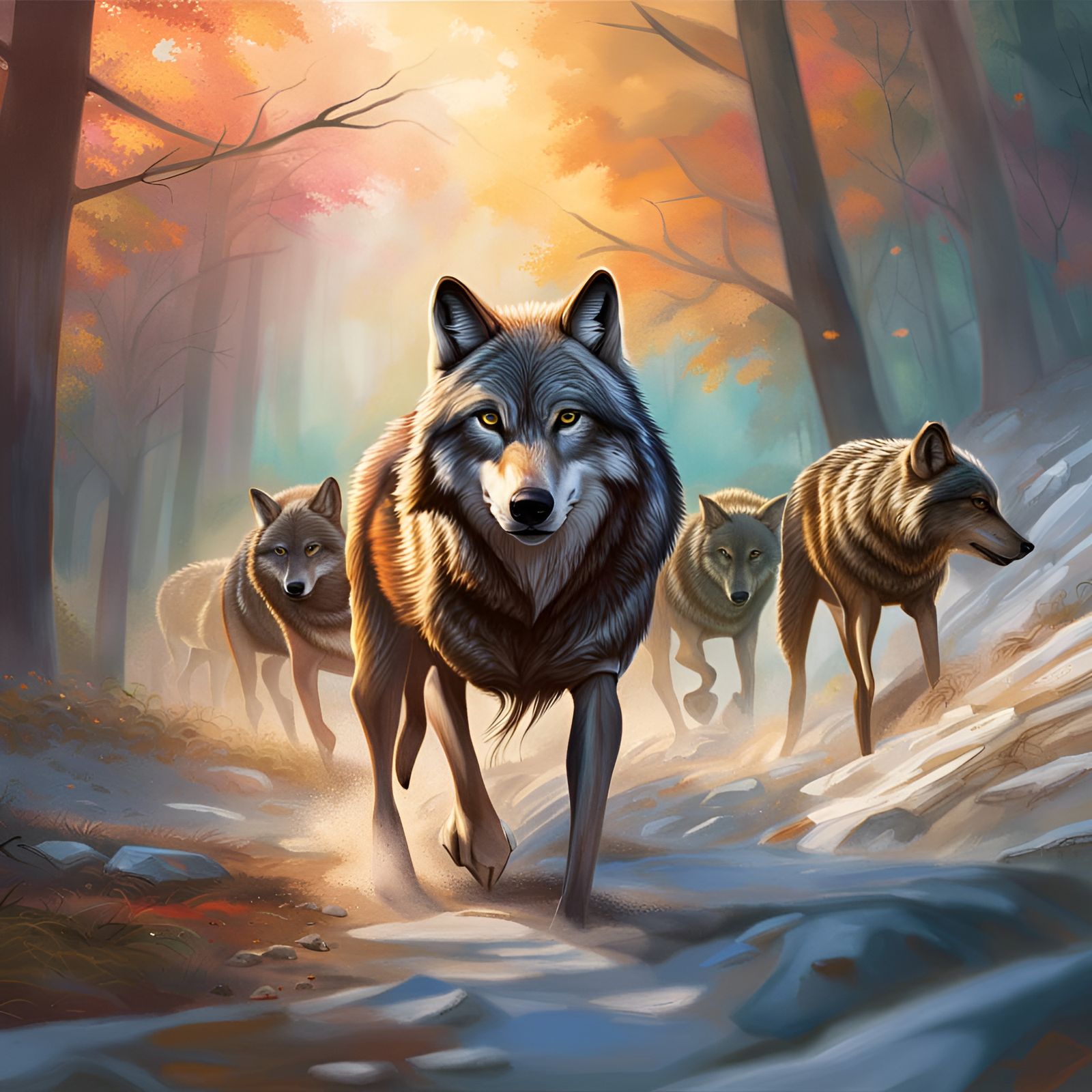 Hyperrealistic Wolf Pack Hunting Deer