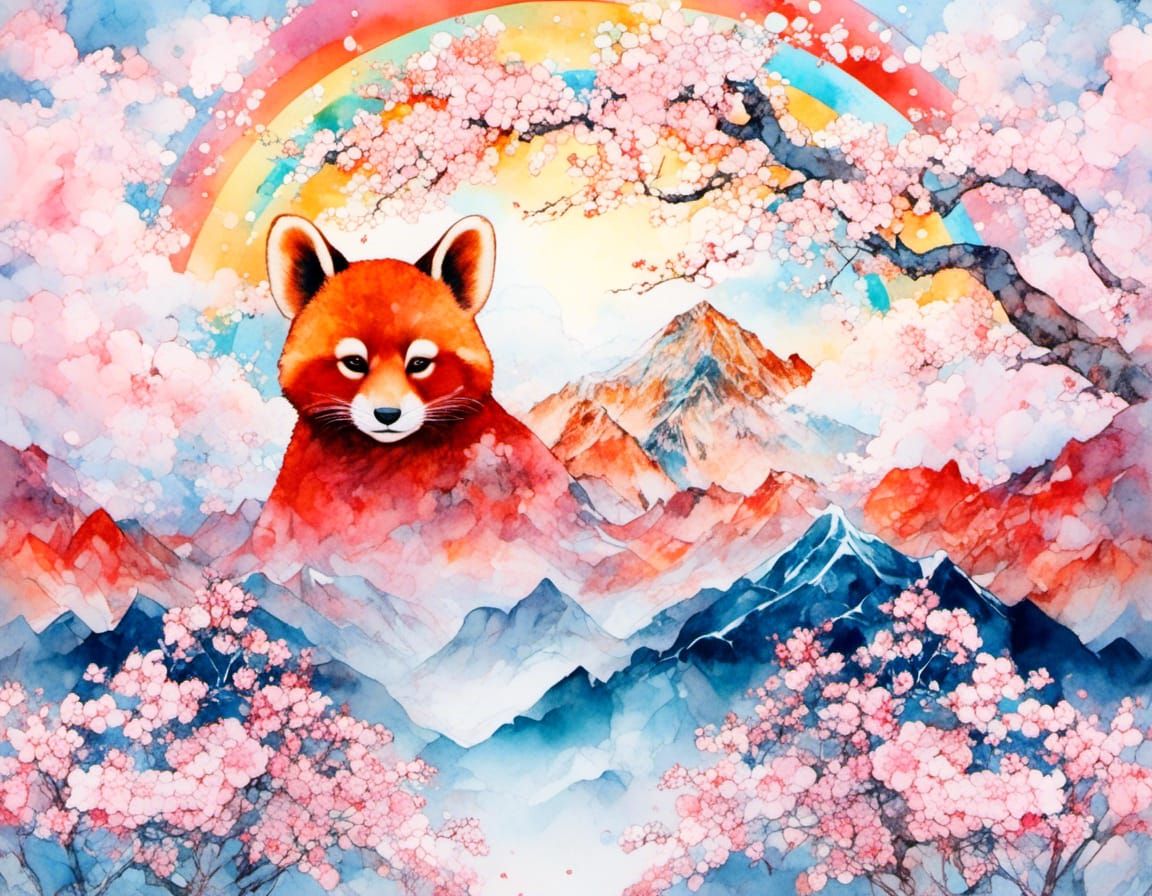 Red Panda Buddha Mountain Landscape in Watercolor