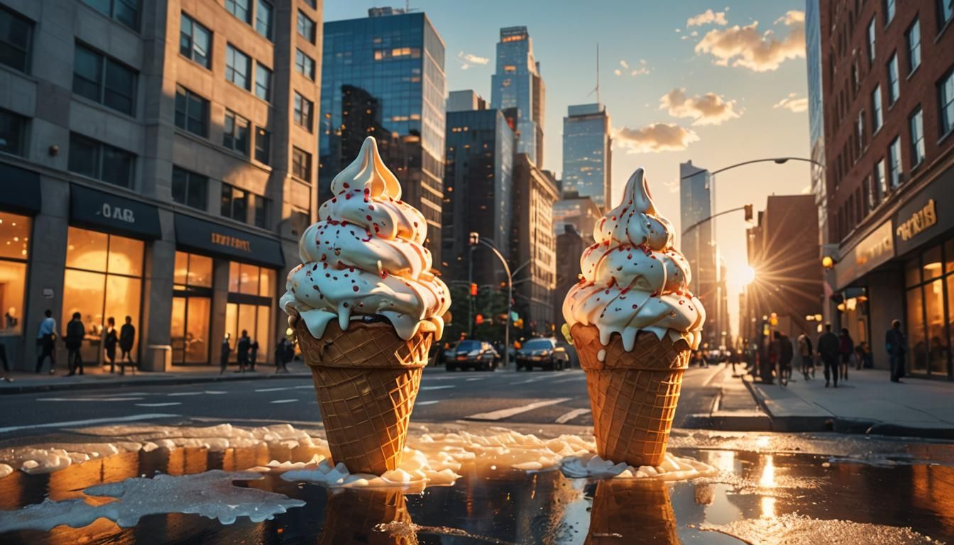 Giant Ice Cream Melts Skyscraper: Photorealistic Digital Art