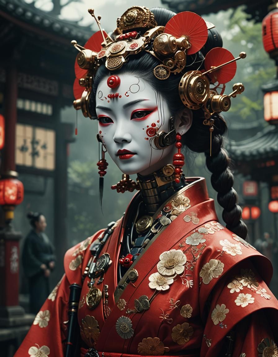 Cyborg Geisha Robot Portrait in Red Kimono