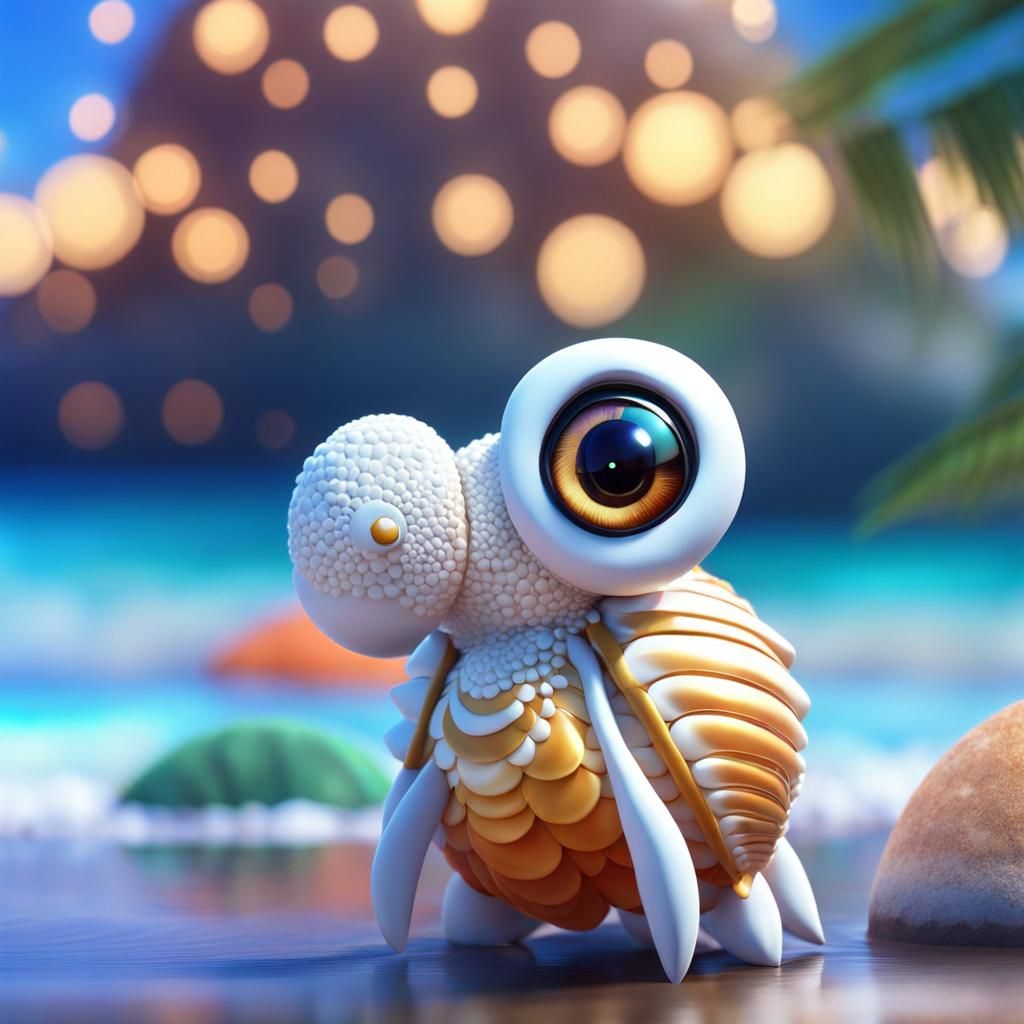 Kawaii Shell Creature on the Beach: 3D Anime Art