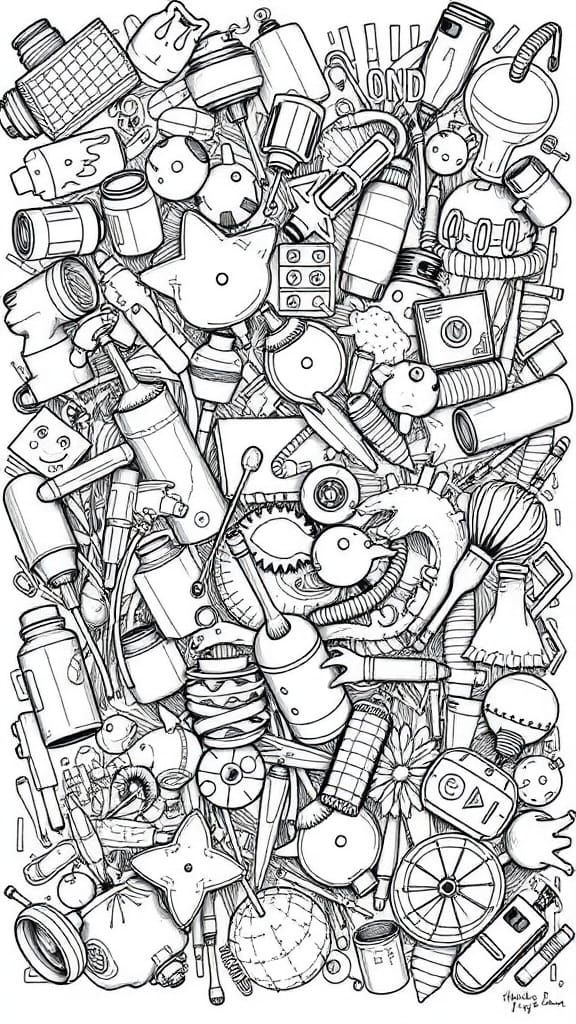 Detailed Black and White Doodle Drawing of Random Objects
