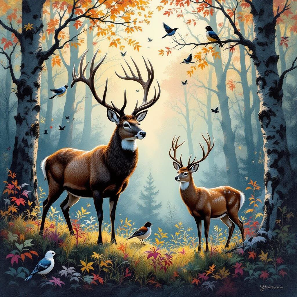 Whimsical Forest Scene in Gouache and Watercolor