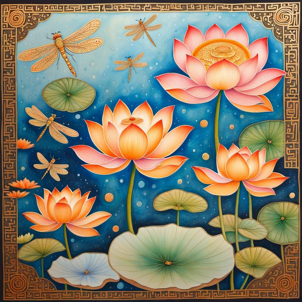 Tibetan Thangka Art: Lotus and Dragonfly in Gouache