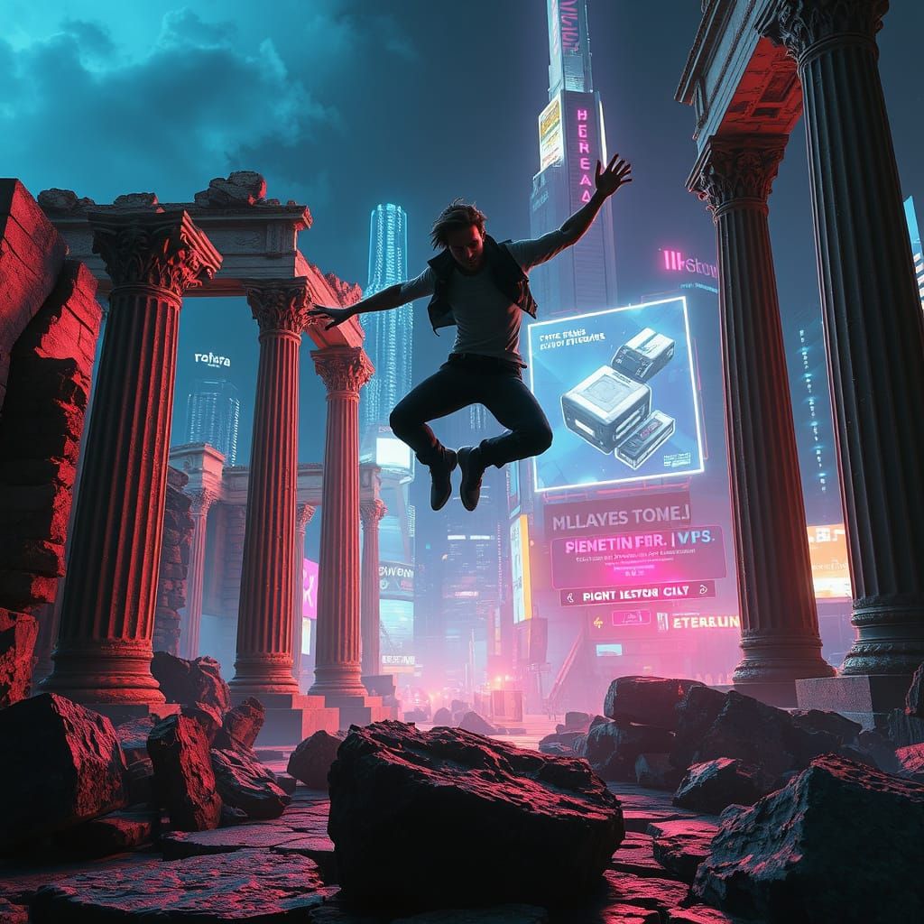 Cyberpunk Leap: Ruins Meet Neon in Digital Art