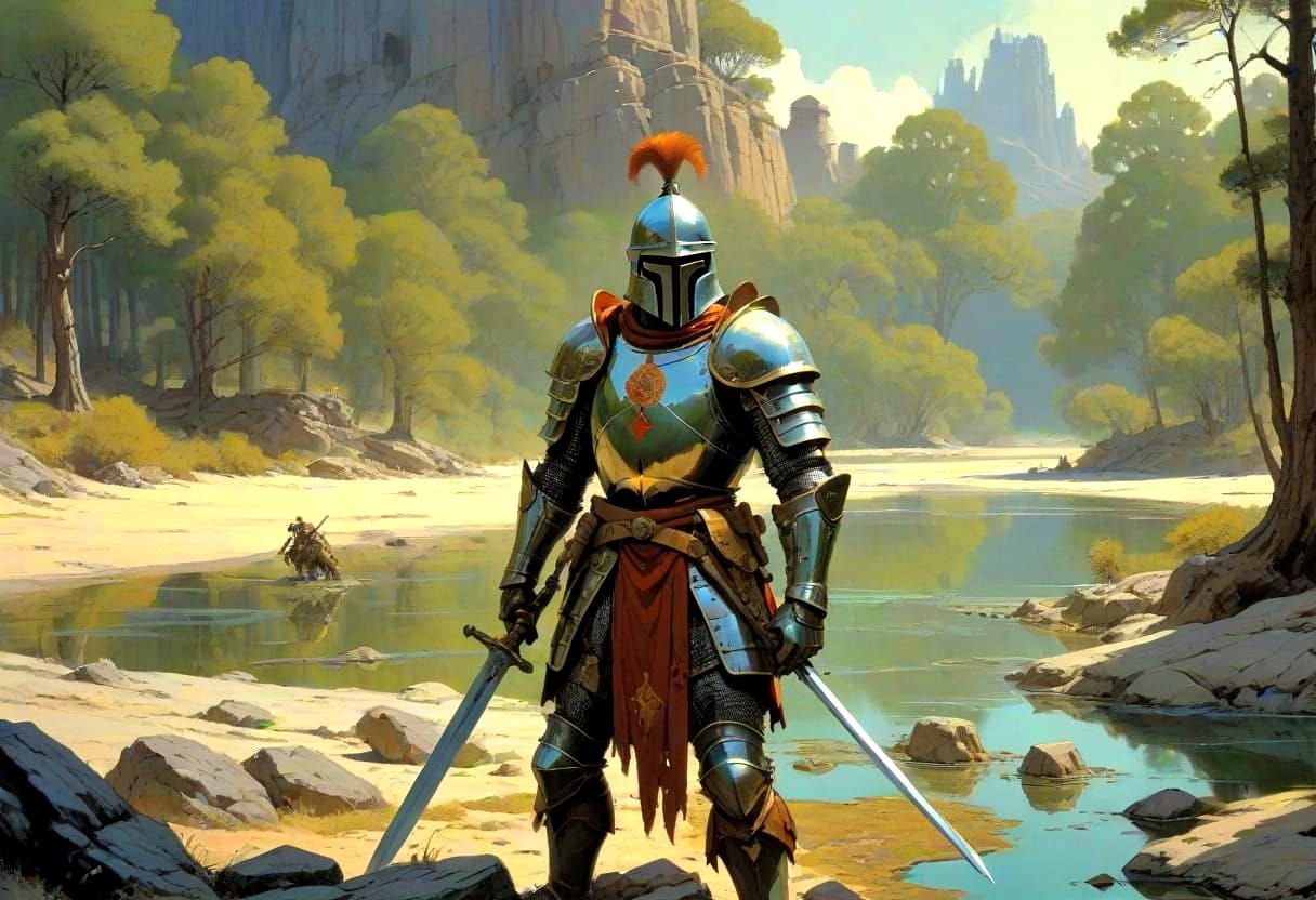 Medieval Knight in Full Armor, Sword in Hand, Set Against a....