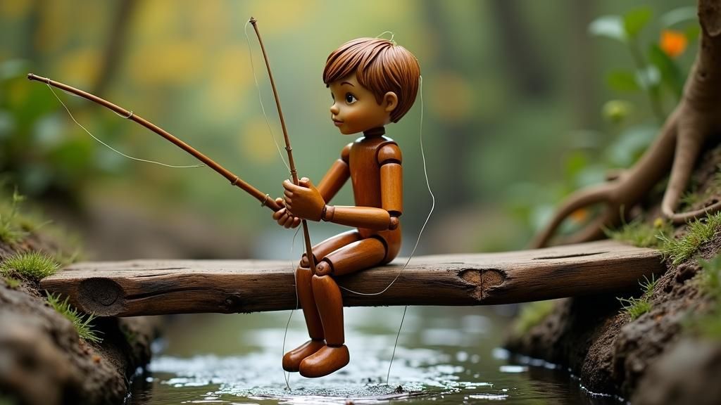 3D Wooden Puppet Boy on Weathered Bridge