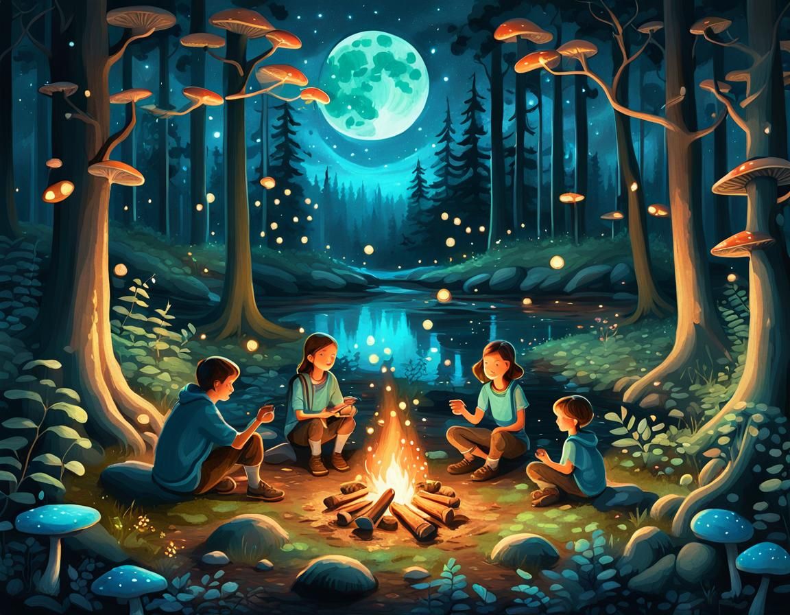 Enchanted Forest Campfire: Whimsical Digital Illustration