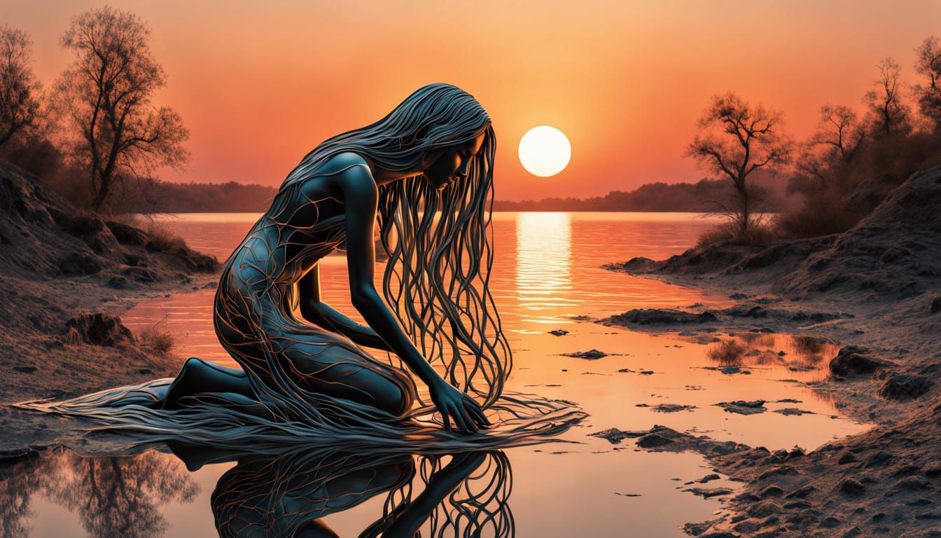 Surreal Sculpture of Woman at Sunset with Bio-Art