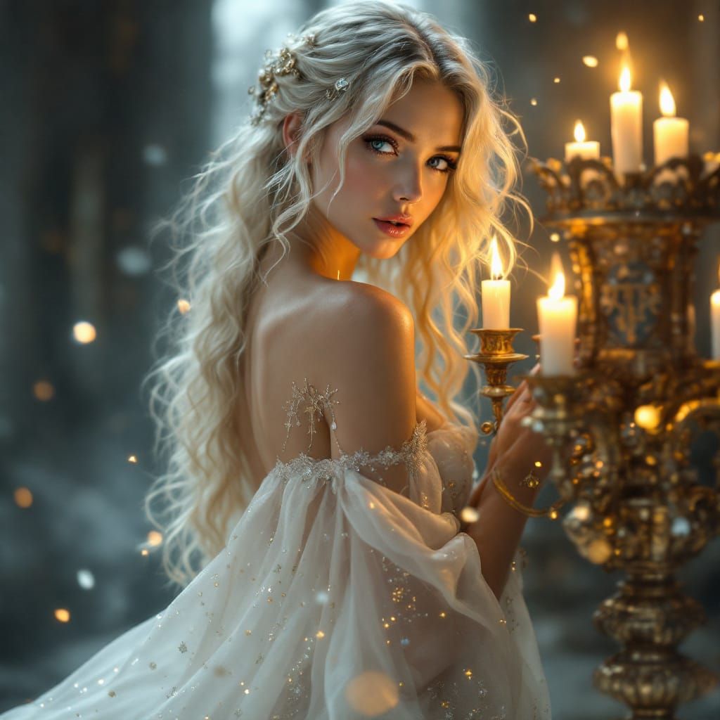 Ethereal Woman with Candelabra in Shinkai Makoto Anime Style