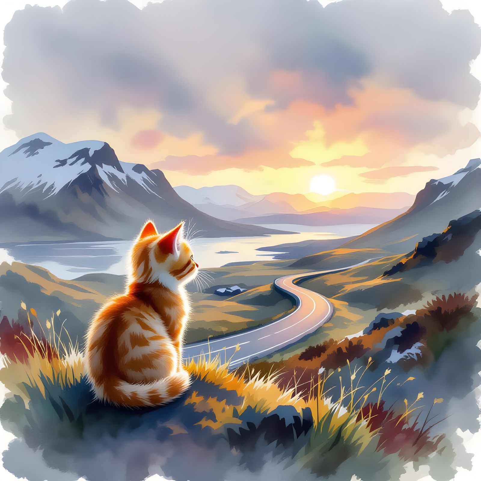 Tiny Kitten on Icelandic Route 93 in Digital Watercolor Styl...