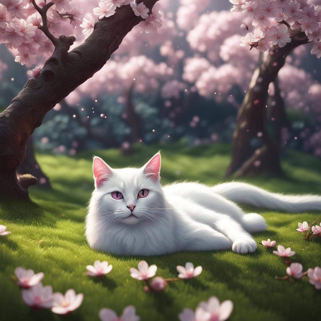 White Cat in Cherry Blossom Field: Fantasy Art