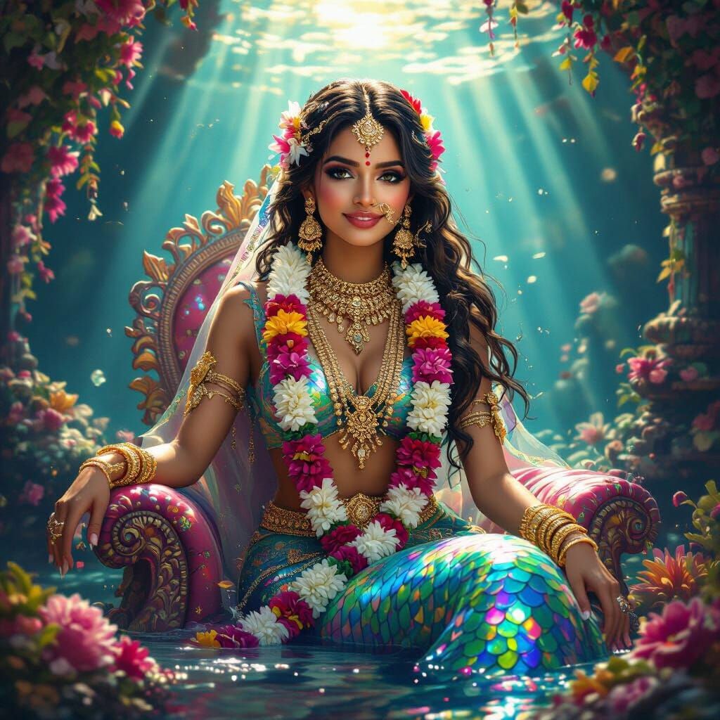 Mermaid Indian Bride on Coral Throne
