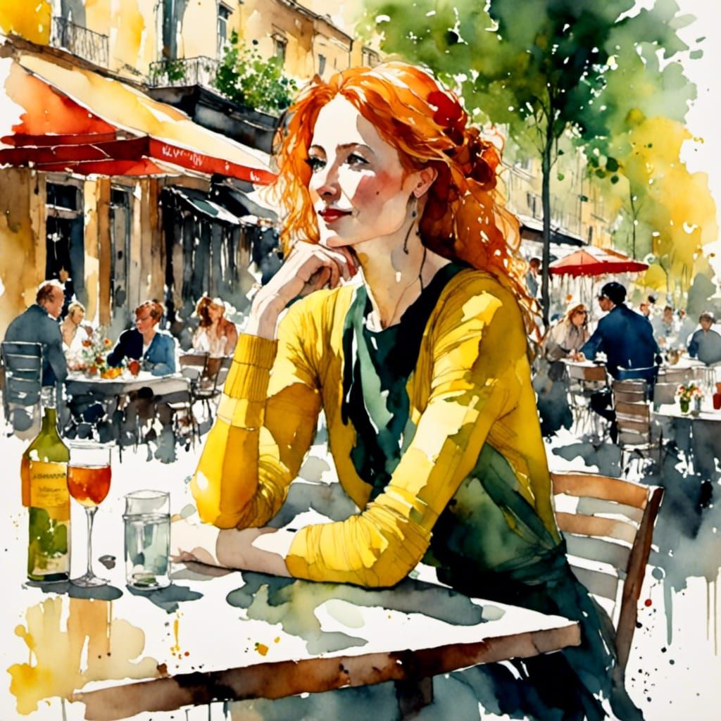 Regal Woman at City Restaurant in Watercolor Style
