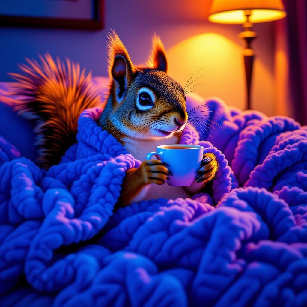 Cozy Squirrel Wrapped in Blanket Holding Tea, High Contrast