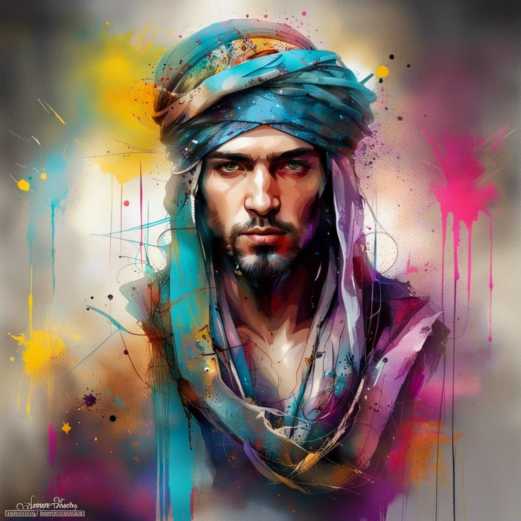 Arabian Prince Portrait in Vibrant Mixed Media Style