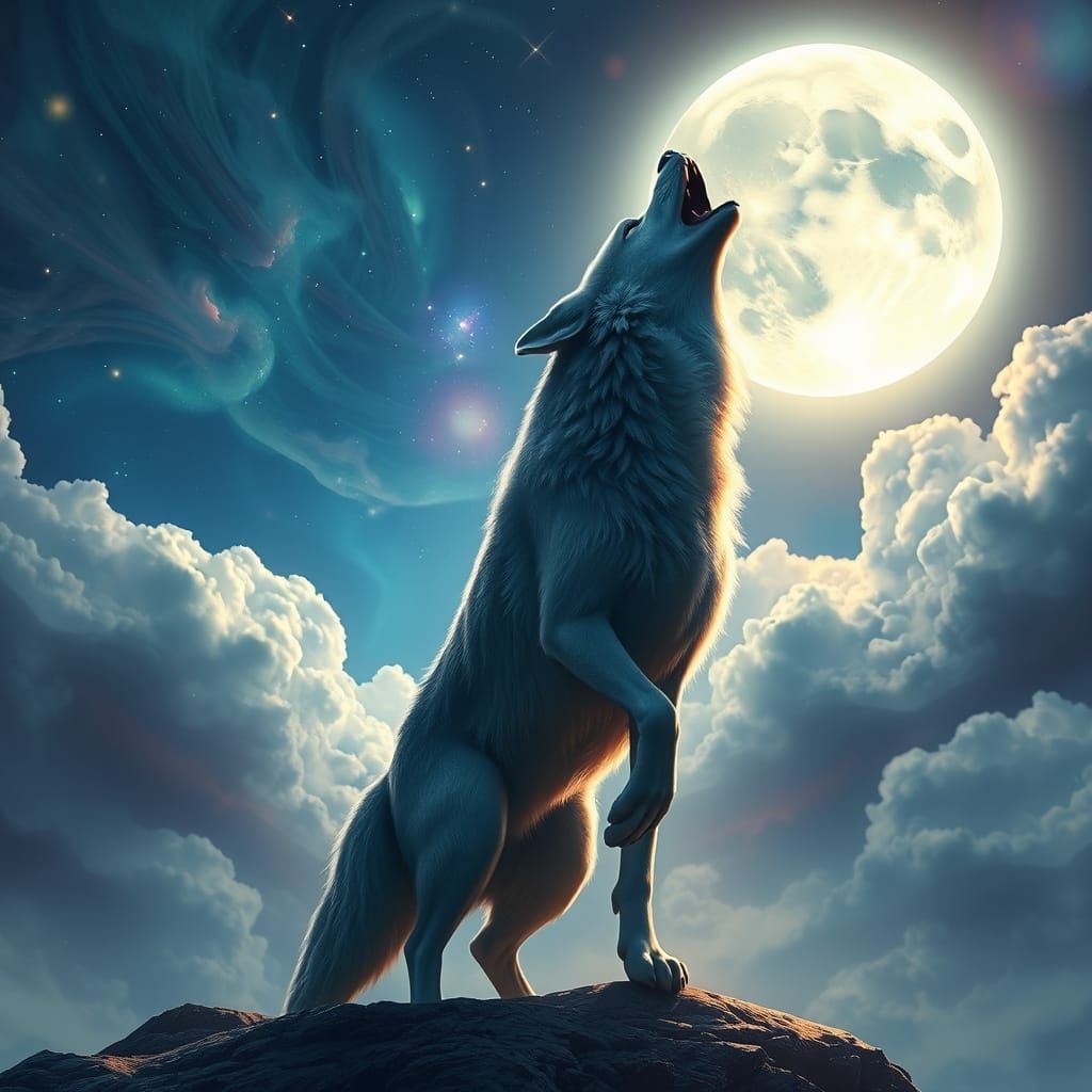 Arctic Wolf Howling at Cosmic Moon in Digital Matte Painting...