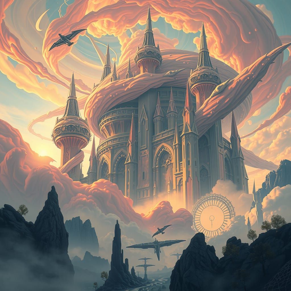 Dreamlike Landscape with Crystal Spires in Surreal Style