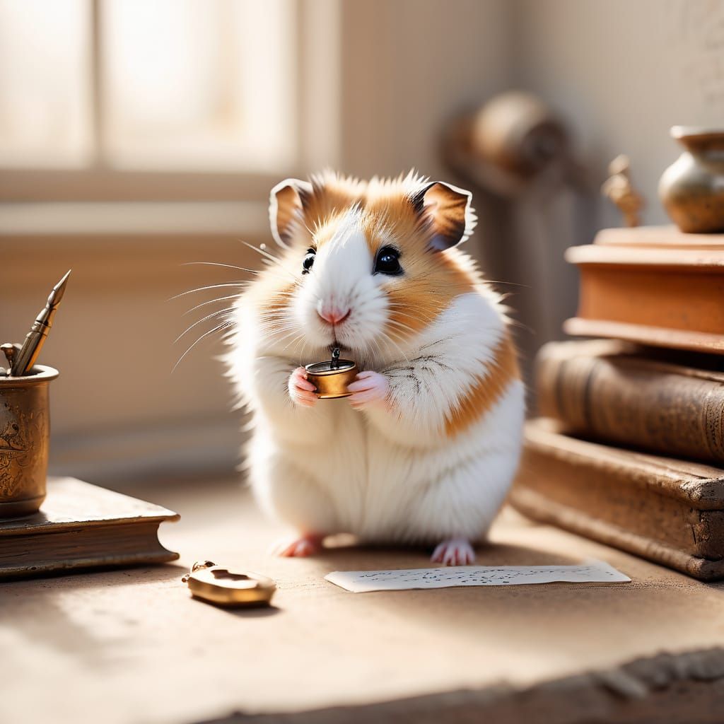 Hamster with Monocle in Sunlit Attic Photograph