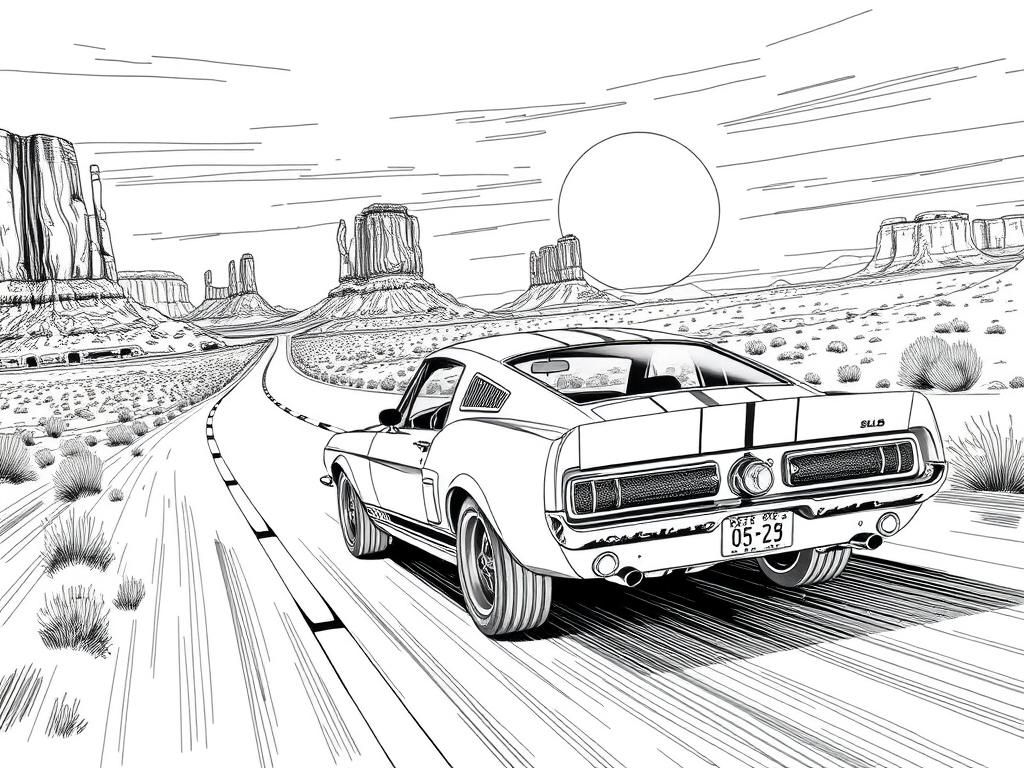 1967 Shelby GT500 Line Art on Desert Highway