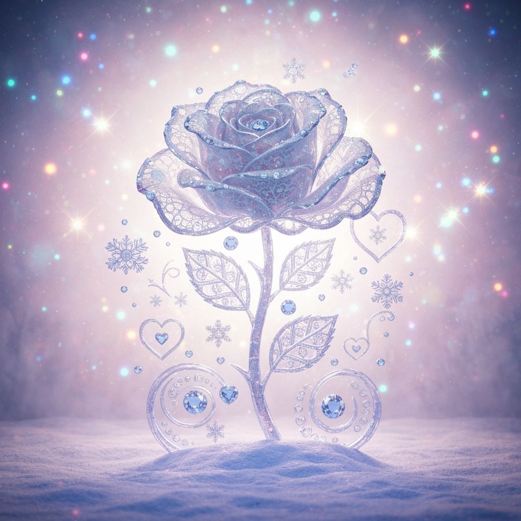 Intricate Ice Rose Sculpture with Heart Motifs