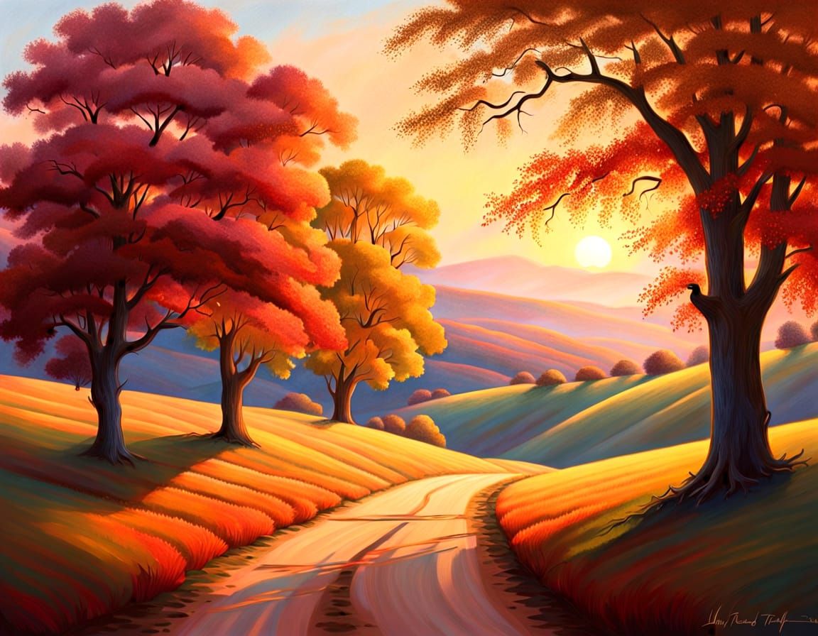 Vivid Autumn Hills in Colored Pencil Art