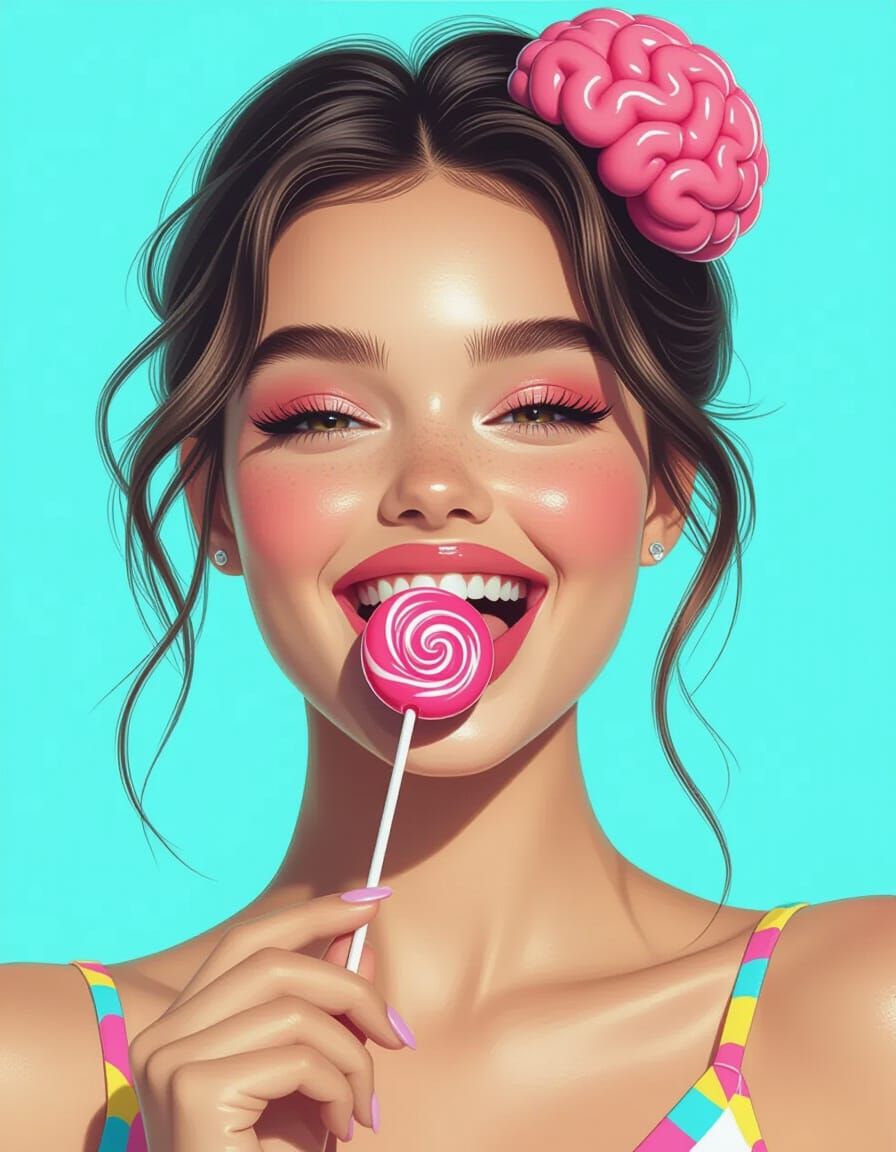 Woman with Candy Brain Lollipop in Hyperrealistic Style