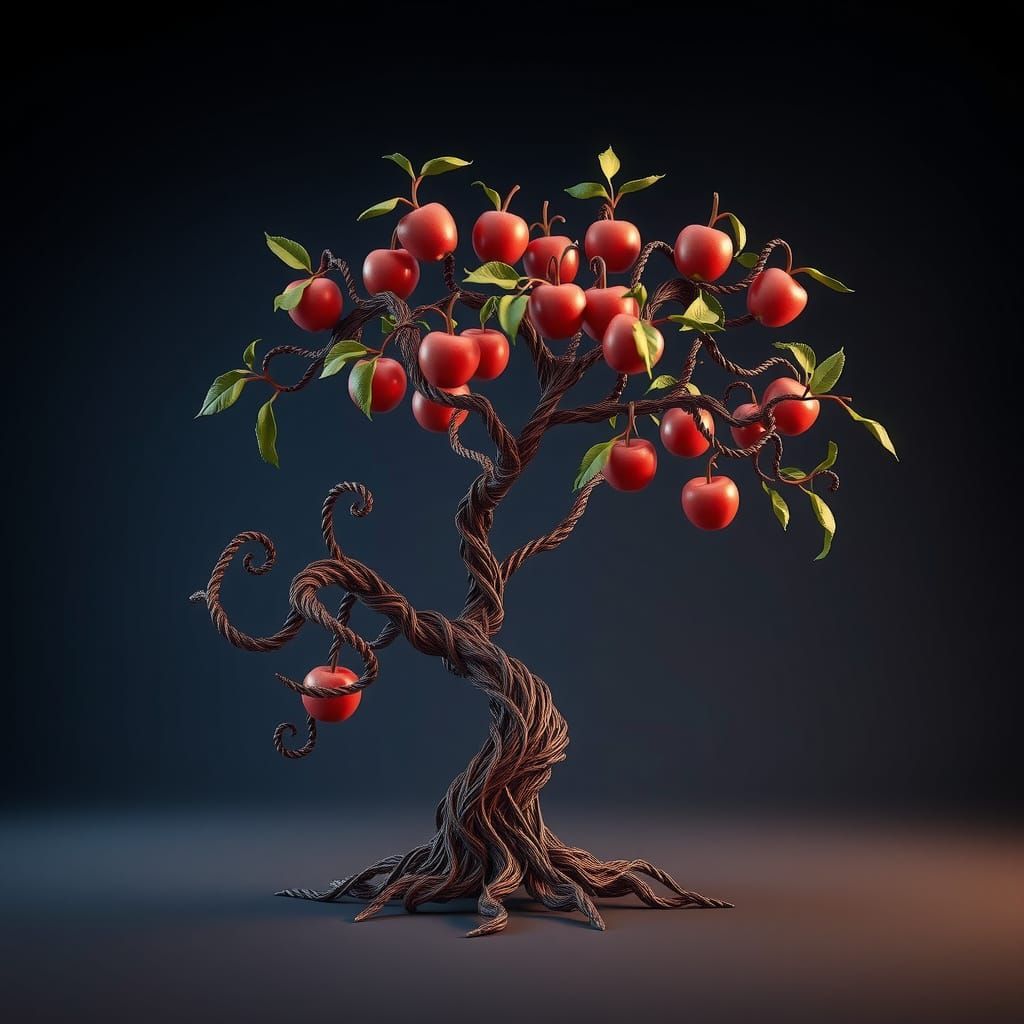 Intricate Wire Apple Tree Sculpture in 3D