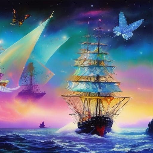 Fairytale Pirate Ship Sailing in Space