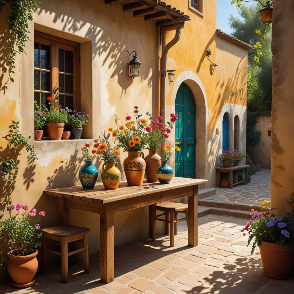 Mediterranean Courtyard in Naive Art Style