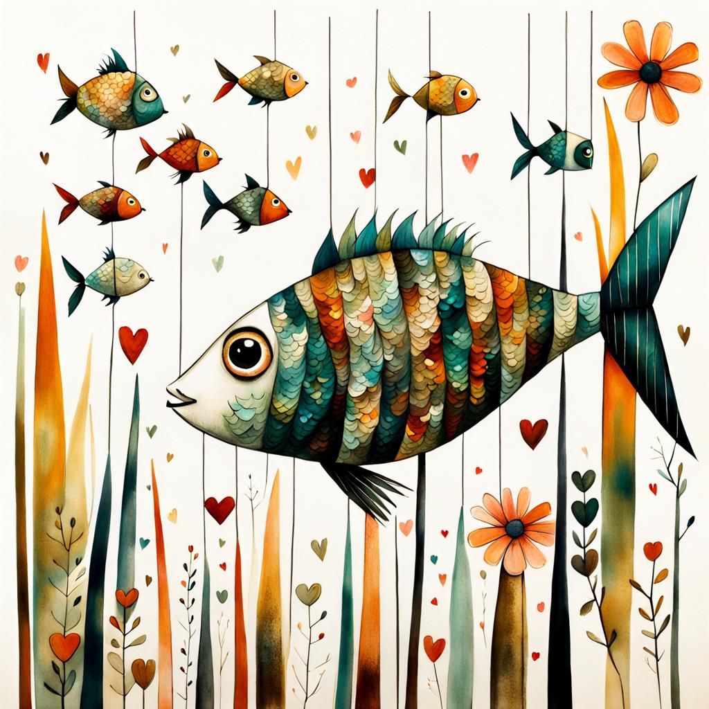 Girl in Fish Scale Dress with Heart Flowers