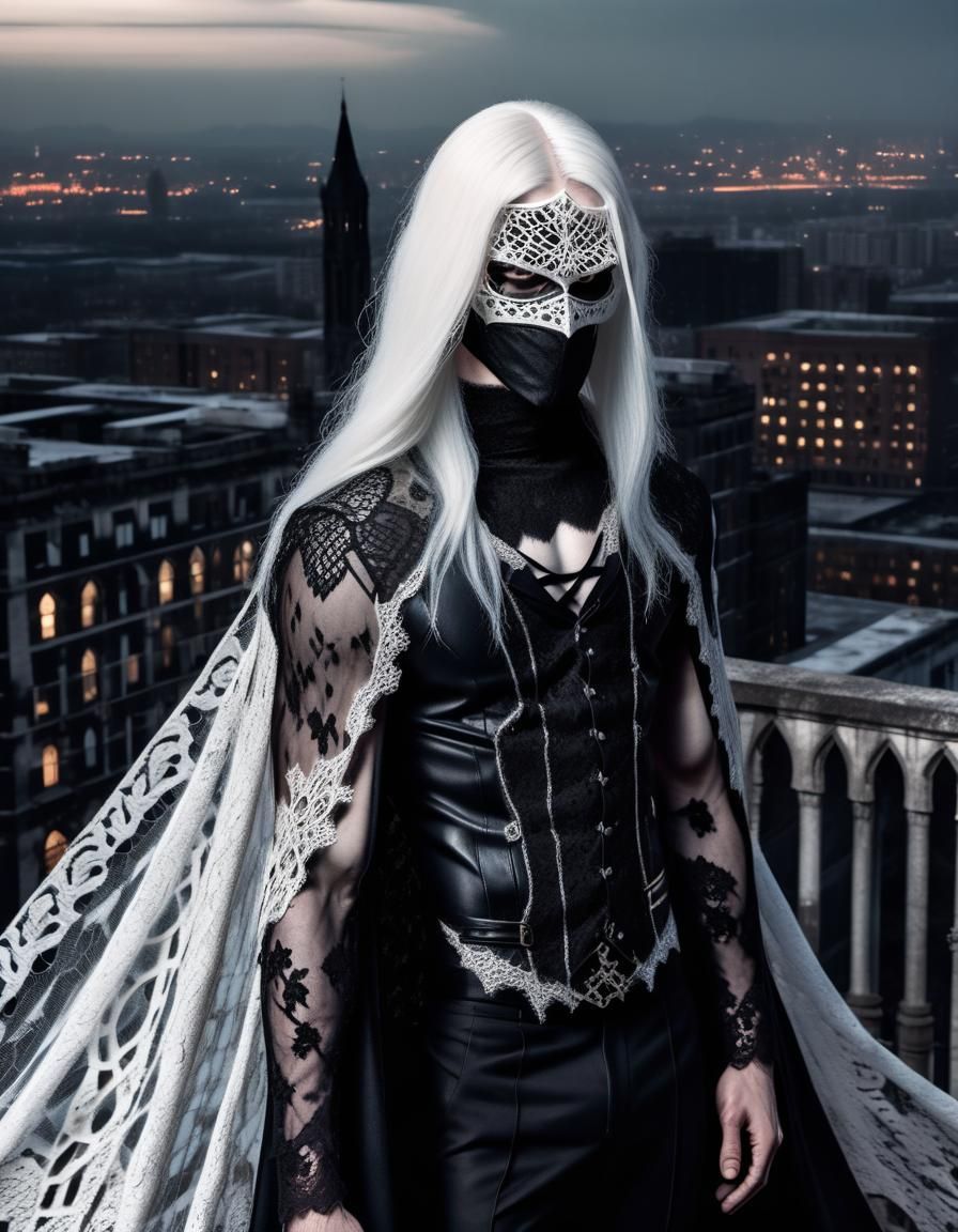 Gothic Superhero in Lace Overlooking Dark City