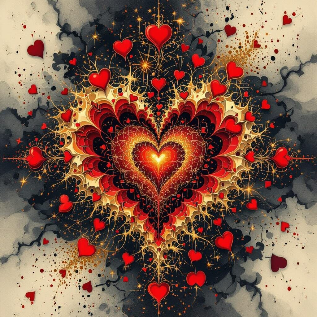 Intricate Fractal Hearts with Blood Flow and Gold Sparks