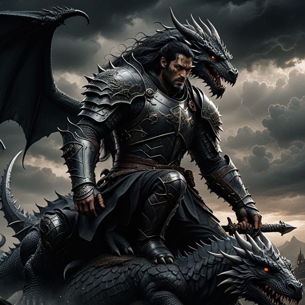 Dark Medieval Warrior on Dragon in Epic Fantasy Scene