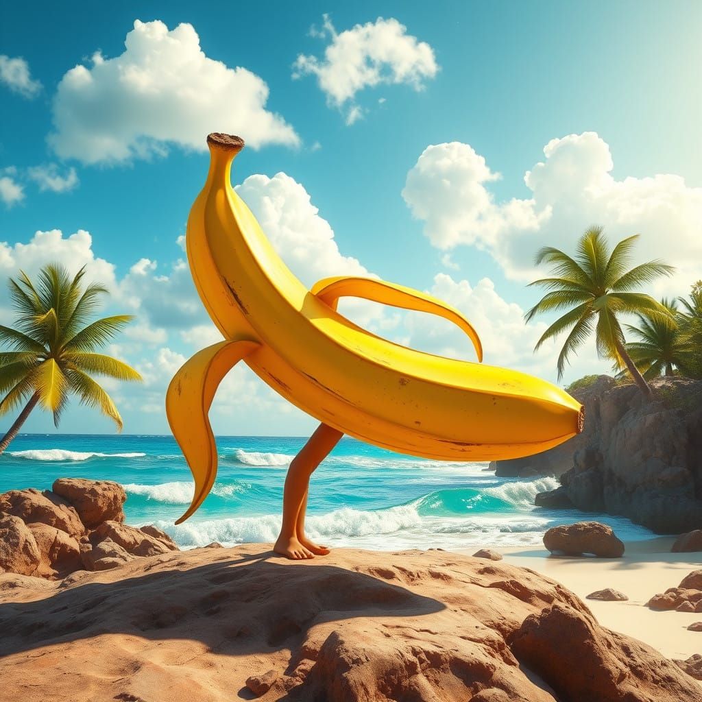 Vibrant Banana Leaps on Tropical Beach