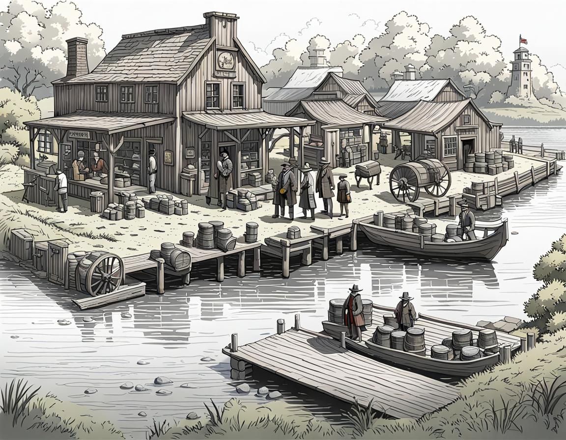 Steampunk Trading Post on the Riverbank