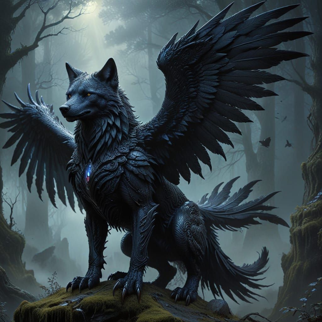 Majestic Wolf Raven Hybrid in Ethereal Fantasy Landscape