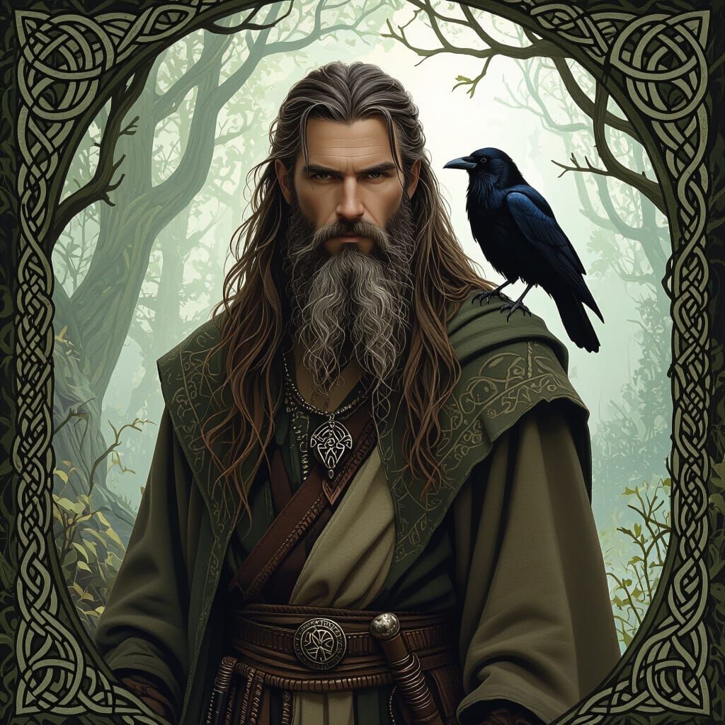 Celtic Druid in Mystical Woodland Scene