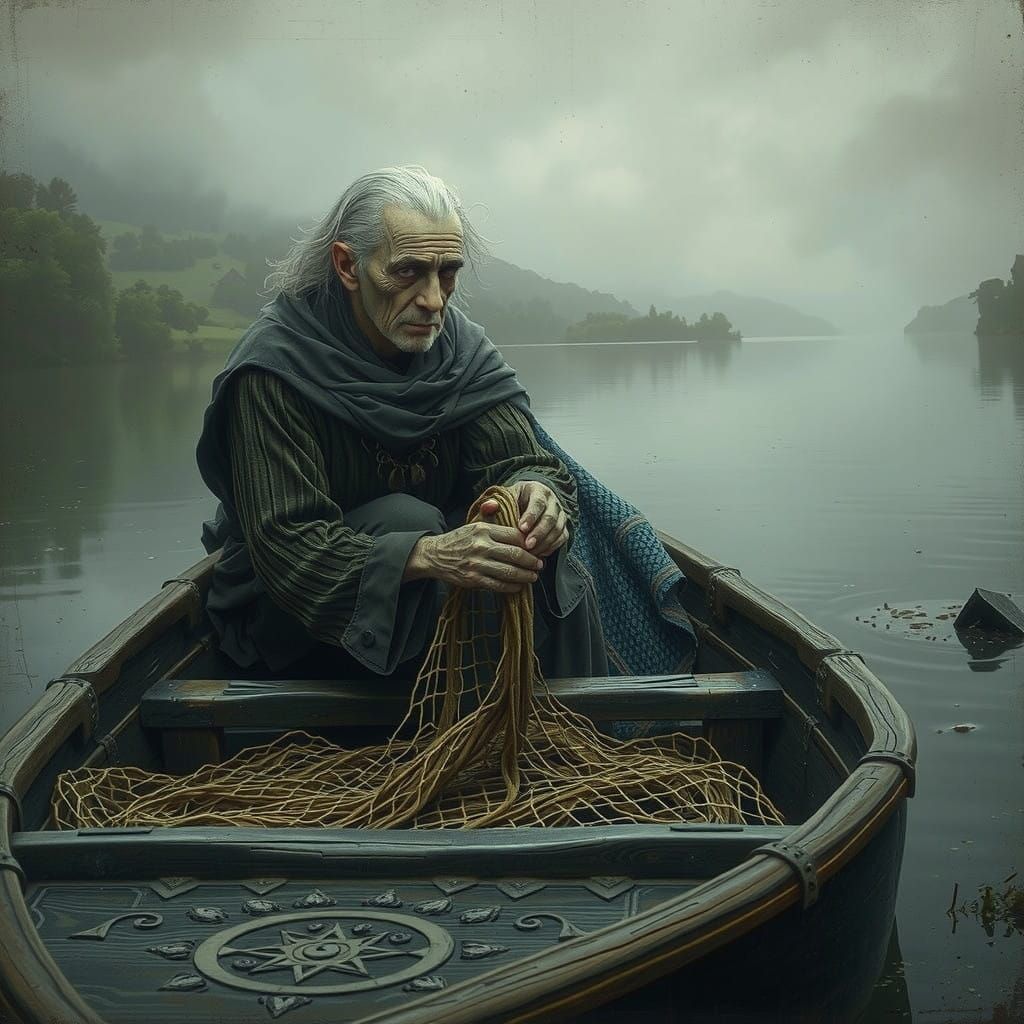 Elderly Fisher King Meditates on a Misty Lake